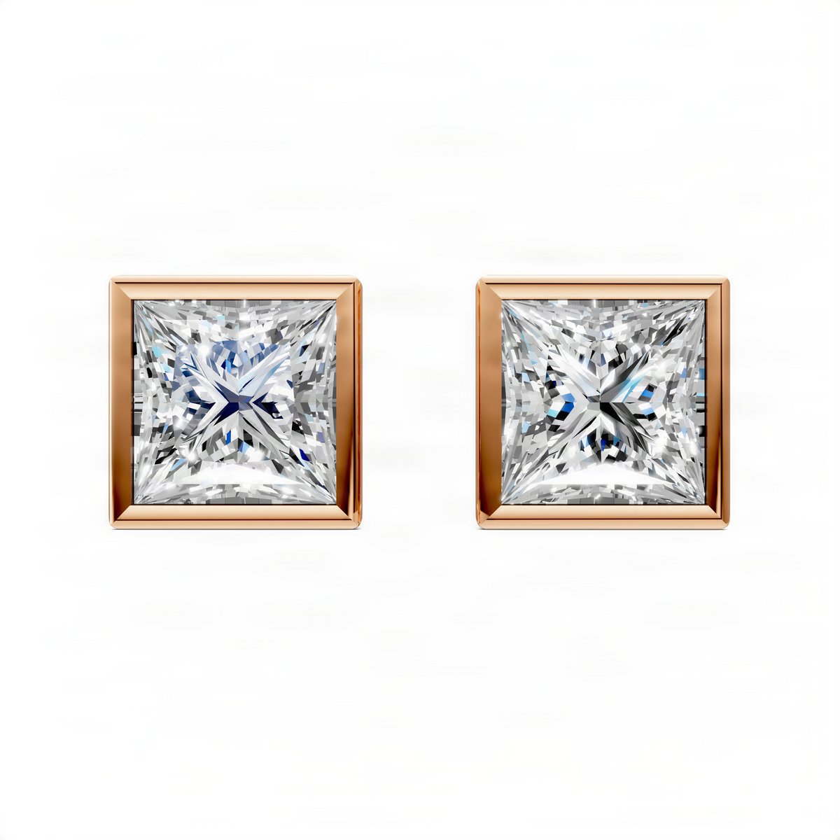 Princess cut bezel stud earrings in rose gold, square stone centers