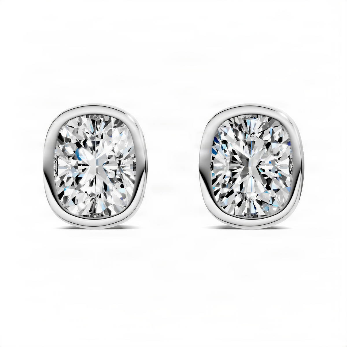Cushion-cut diamond bezel stud earrings in white gold