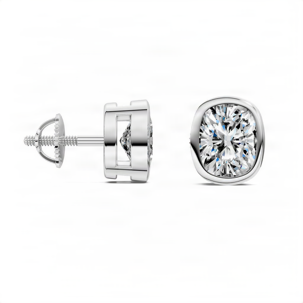 White gold cushion-cut diamond bezel stud earrings with visible backing