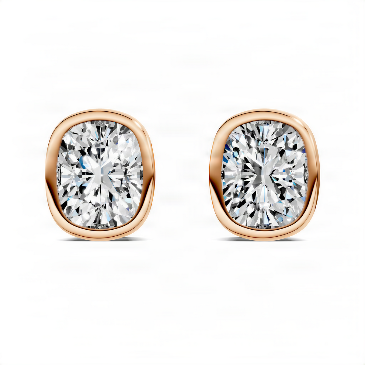 Rose gold cushion-cut diamond bezel stud earrings, side-by-side