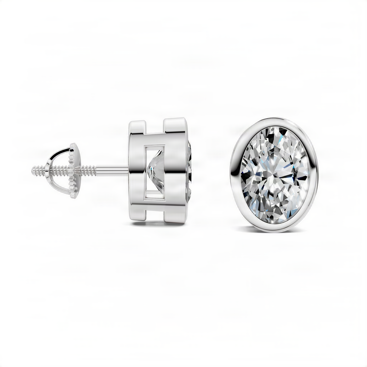 Oval bezel stud earrings with clear oval crystal, white metal posts and round backs