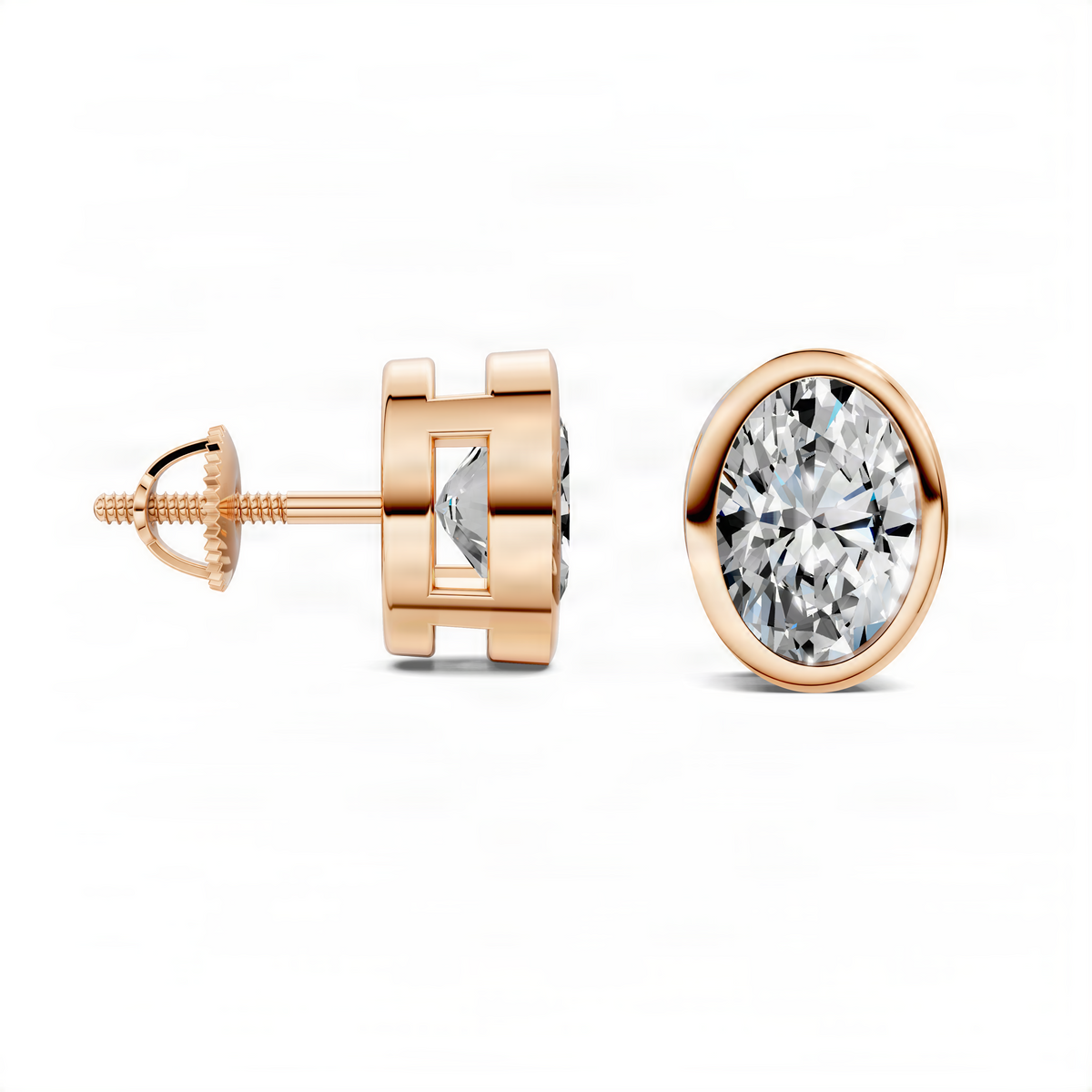 Oval bezel stud earrings with clear oval crystal, rose gold posts and bezels