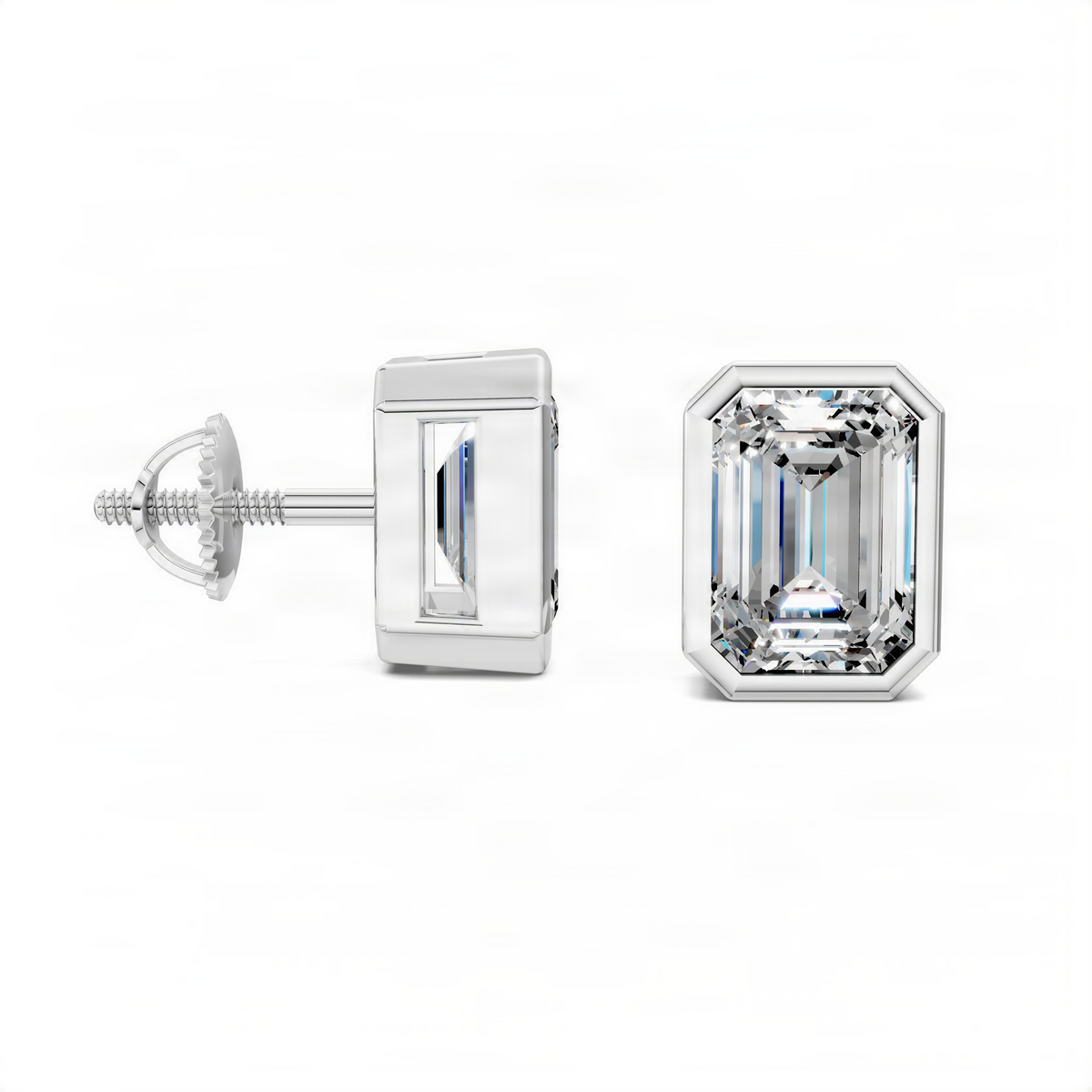 Emerald-cut bezel stud earrings with white gold posts and clear gemstone center