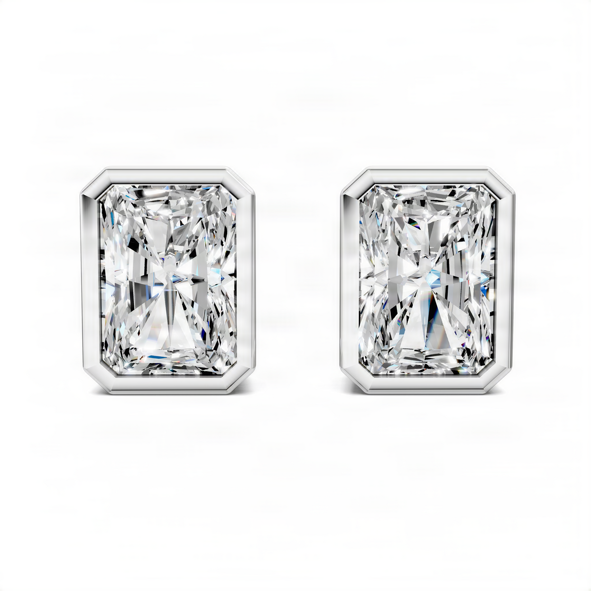 Radiant-cut bezel stud earrings, white gold with clear gemstone in octagonal bezel