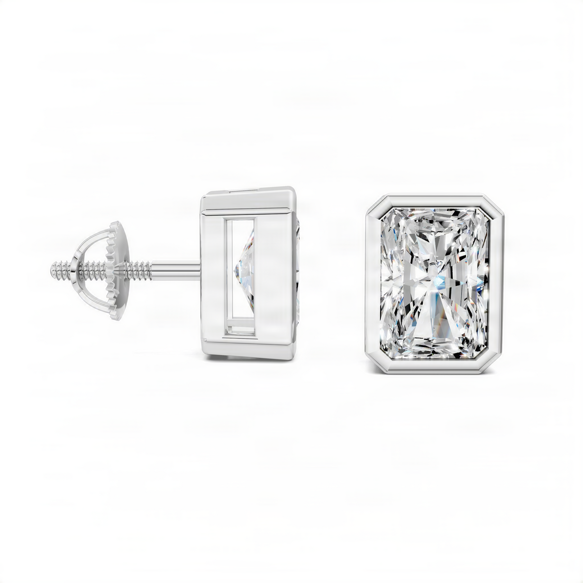 Radiant-cut bezel stud earrings with back post, white gold and clear gemstone