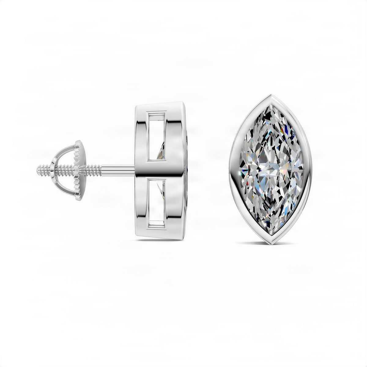 White gold marquise-cut bezel stud earrings with stone; side view shows clasp and post