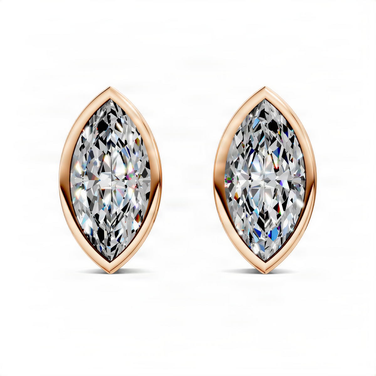Rose gold marquise-cut bezel stud earrings with clear sparkling stone, pair view