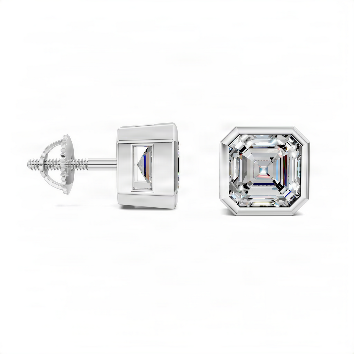 Asscher-cut bezel stud earrings in white gold, square diamond settings