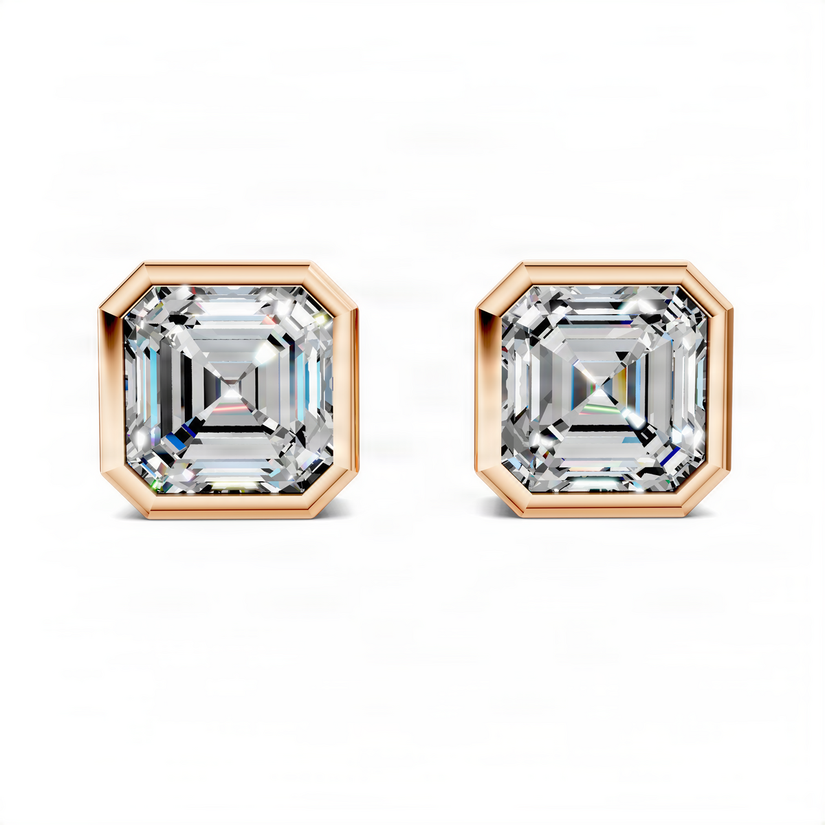 Asscher-cut bezel stud earrings in rose gold, octagonal square diamond settings