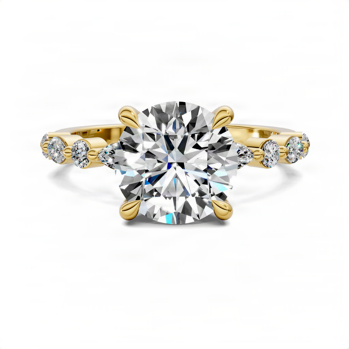 Yellow gold round accent ring with large round center stone and small round side stones