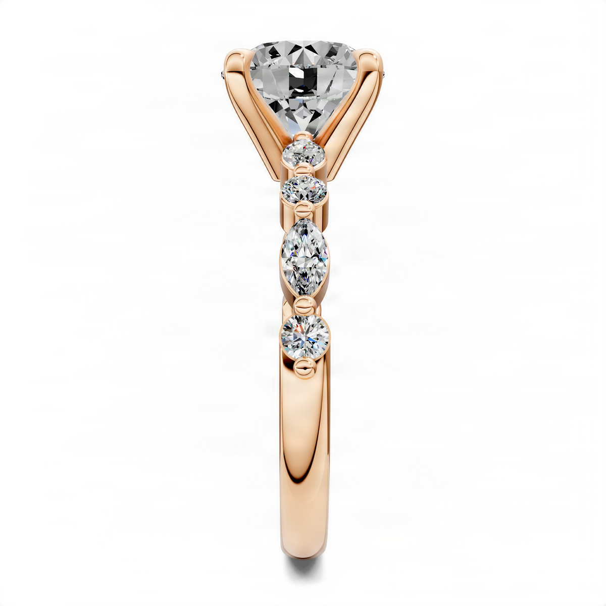 Rose gold vertical halo ring with teardrop center stones and round accent stones