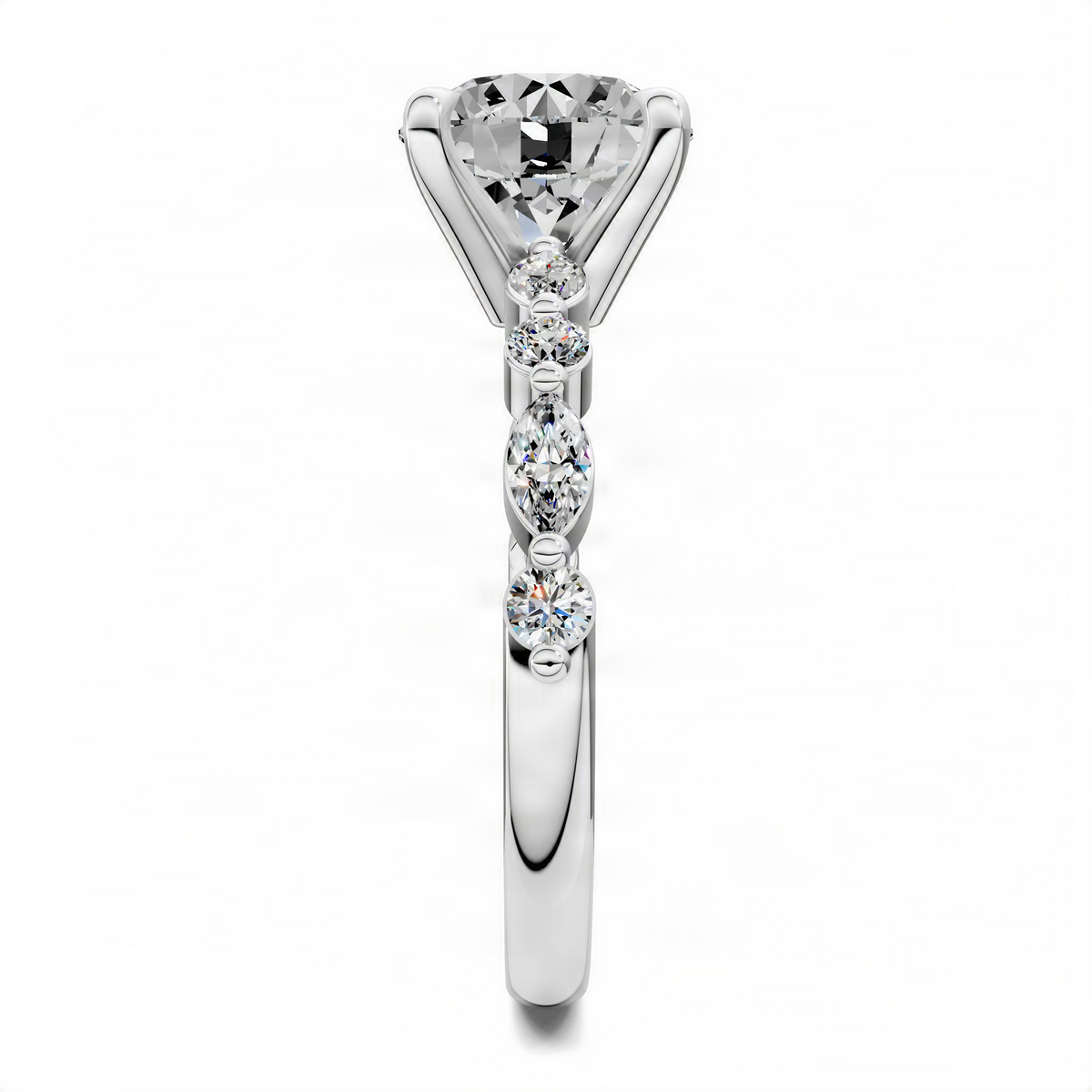 White gold vertical halo ring with teardrop center stones and round accent stones