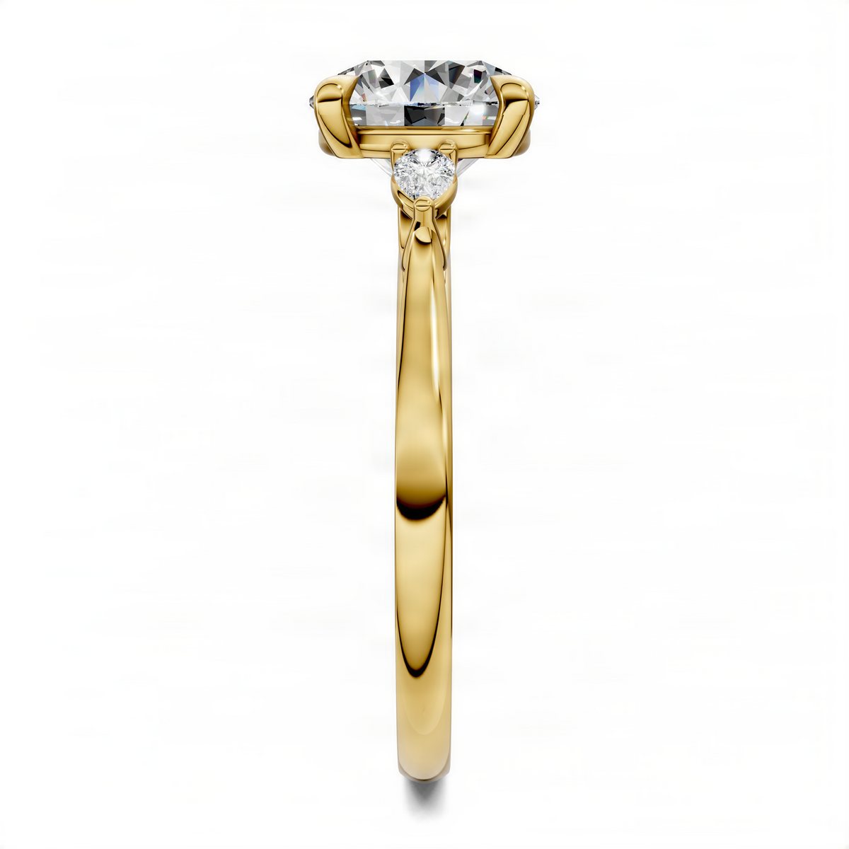 Round three-stone classic ring in yellow gold with round center diamond and halo-like side setting