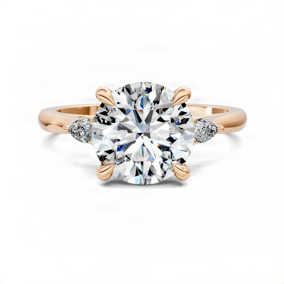 Round three-stone classic ring in rose gold with large round center diamond and three-stone look