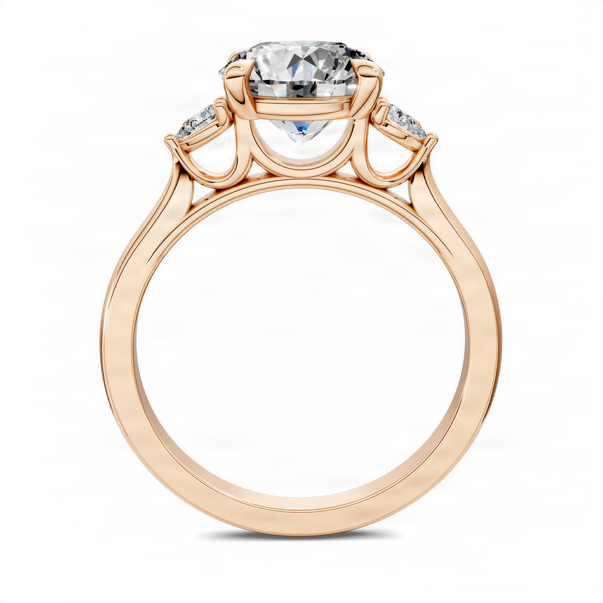 Round three-stone classic ring in rose gold showing center round diamond and prong setting