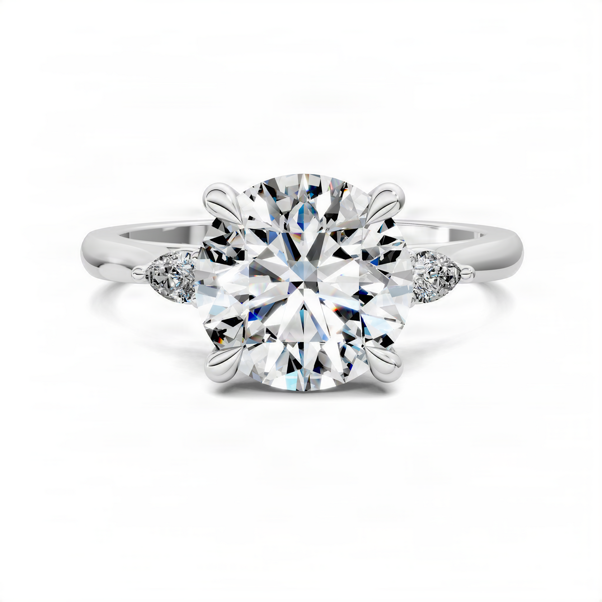 Round three-stone classic ring in white gold with large round center diamond and side diamonds