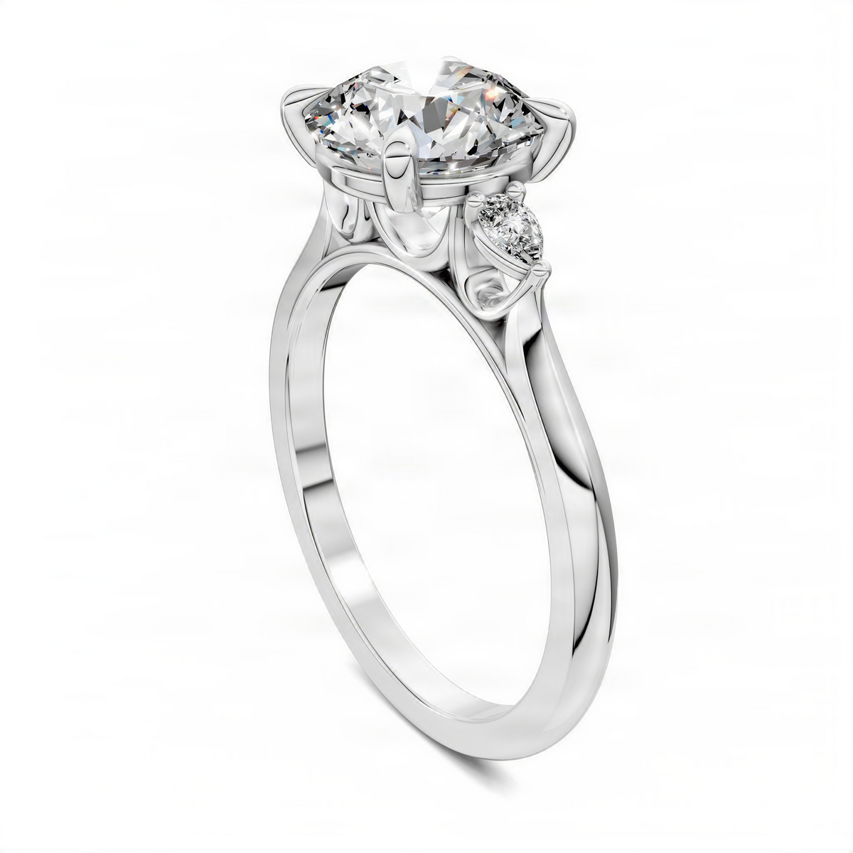 Round three-stone classic ring in white gold with round center diamond and small side stones