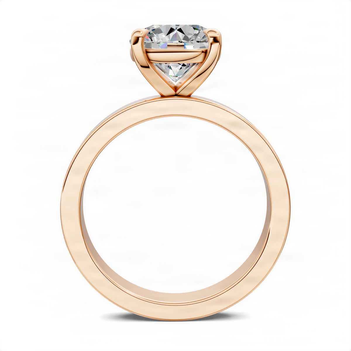 Rose gold solitaire ring side view with round center stone in four-prong setting