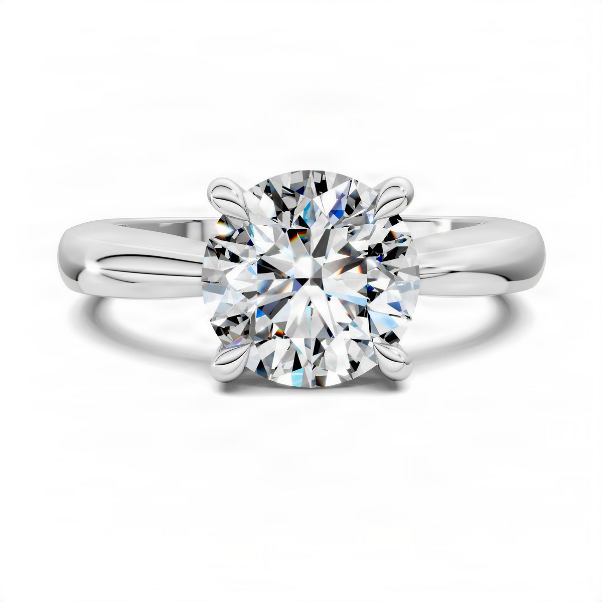 Round solitaire ring with tapered band and large round center stone