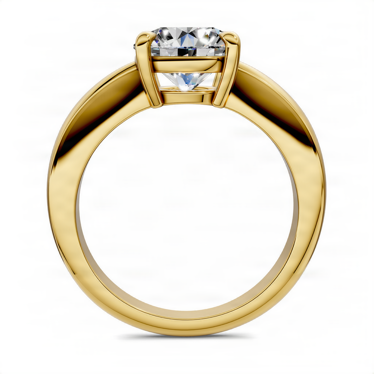 Yellow gold round solitaire ring with tapered band and four-prong center stone