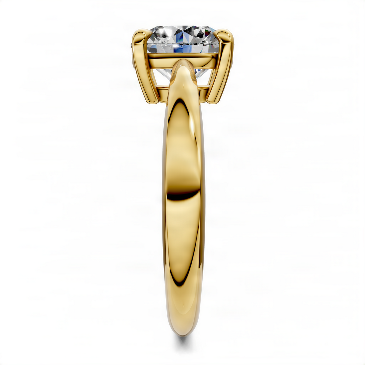 Yellow gold round solitaire ring with prong-set center diamond, tapered band