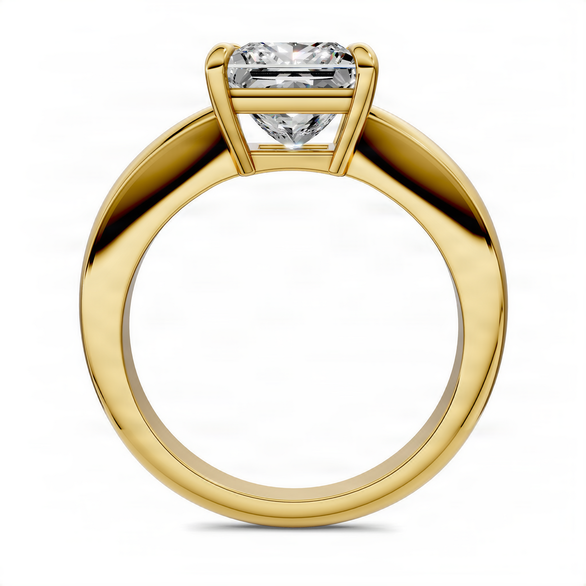 Yellow gold tapered solitaire ring with square-cut center stone in four-prong setting