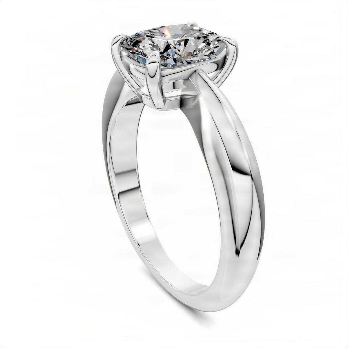 Platinum solitaire ring side view with round diamond in four-prong setting