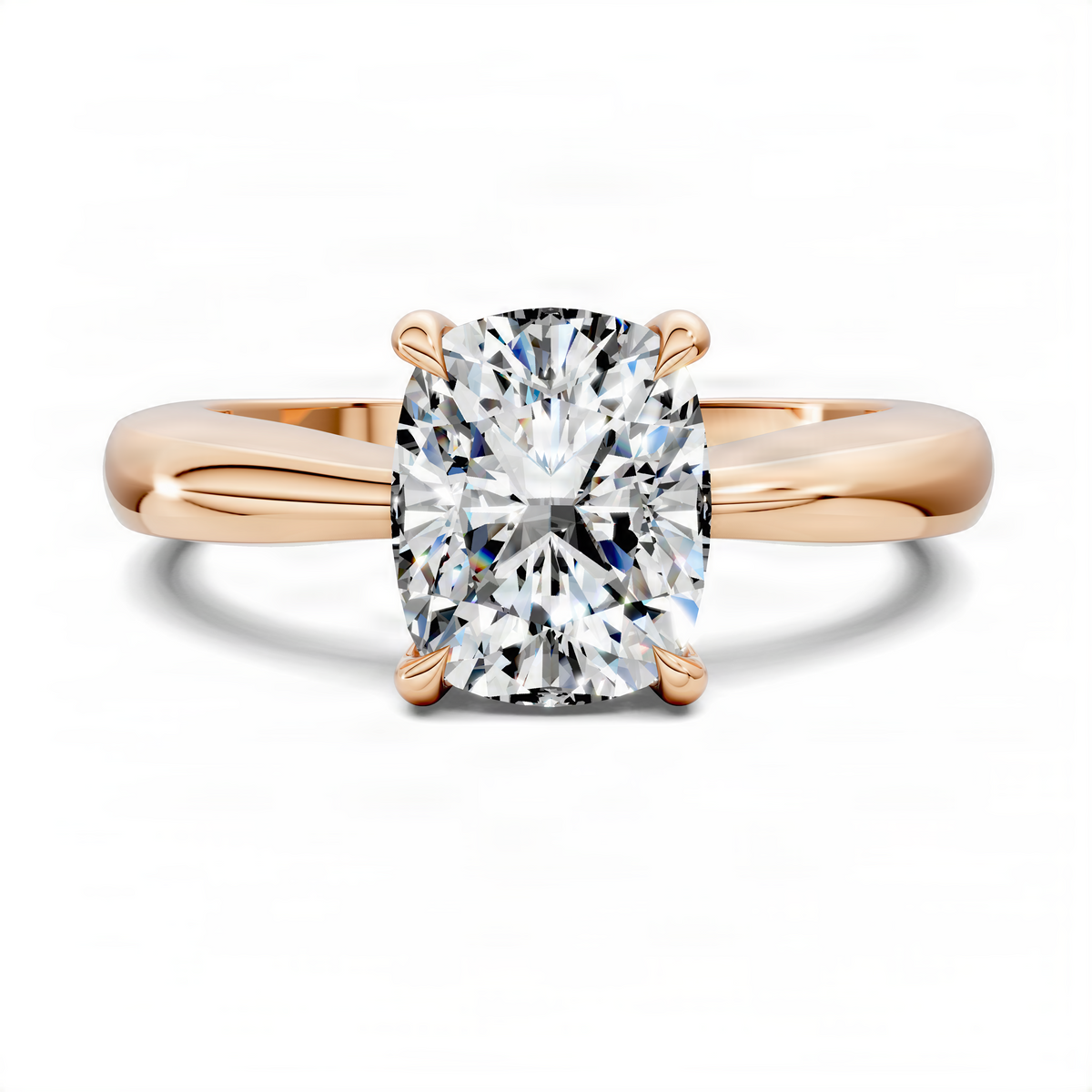 Rose gold solitaire ring with round diamond center and four-prong tapered band