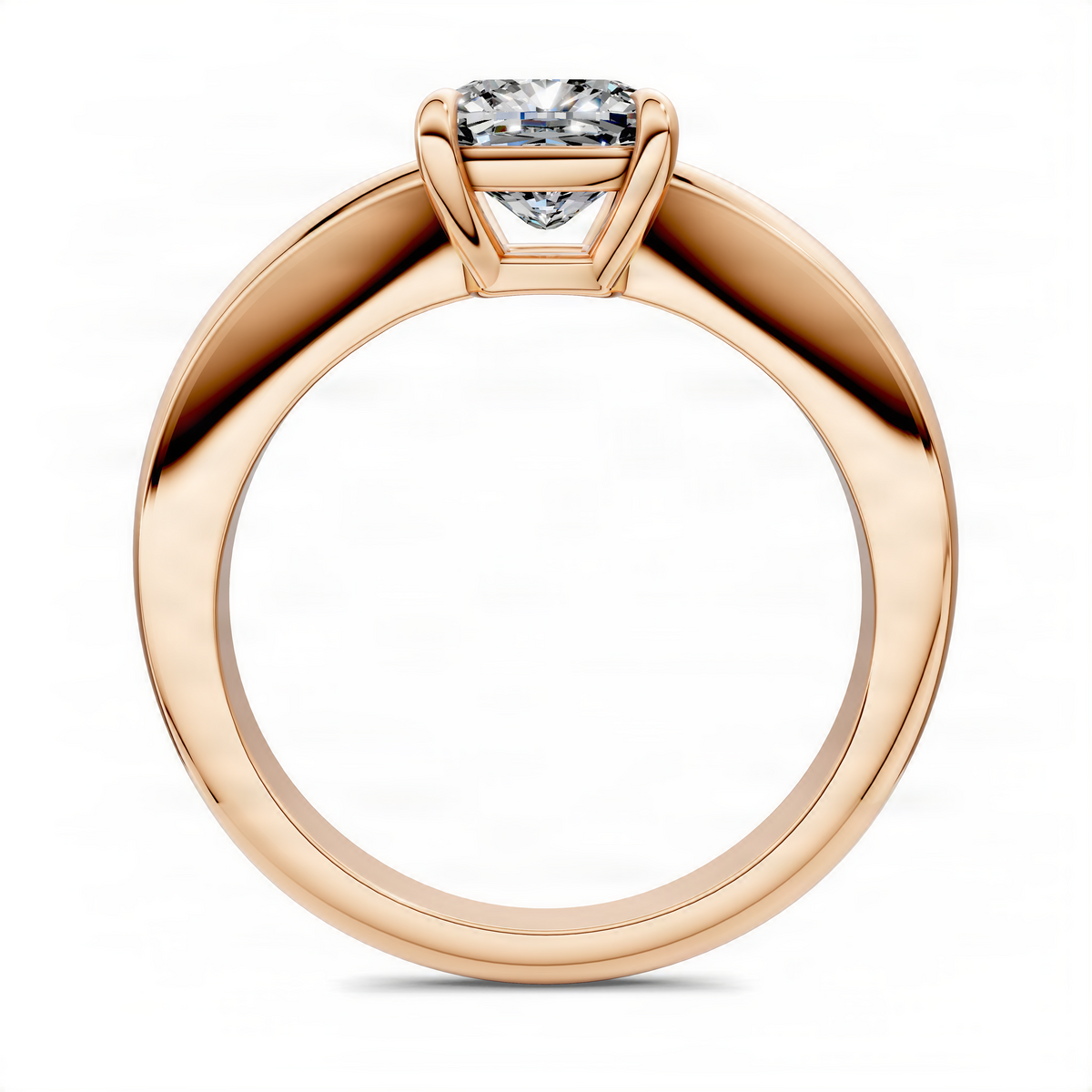 Rose gold solitaire ring shank with four-prong head and round diamond top view