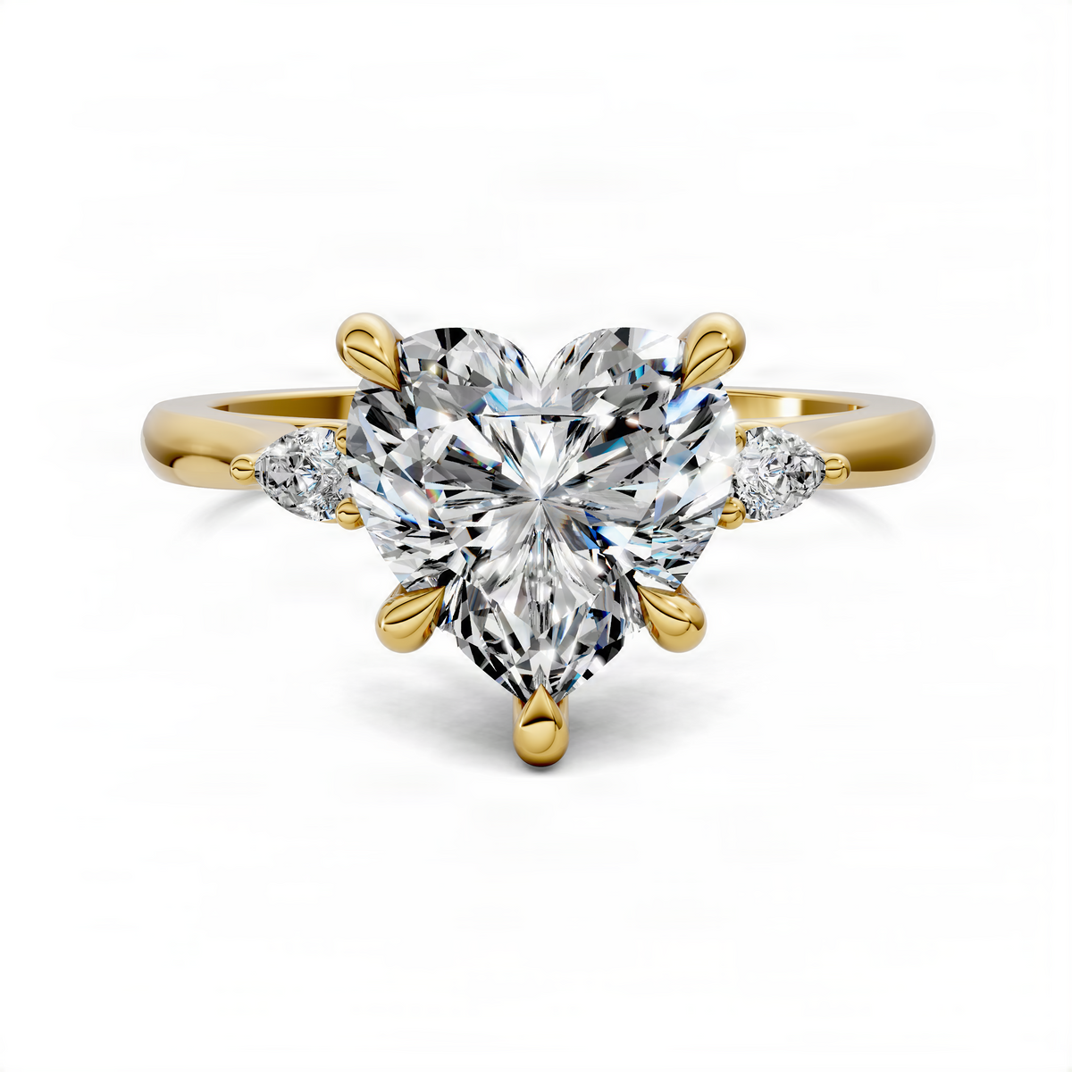 Yellow gold heart three-stone ring with pear center diamond and round side stones
