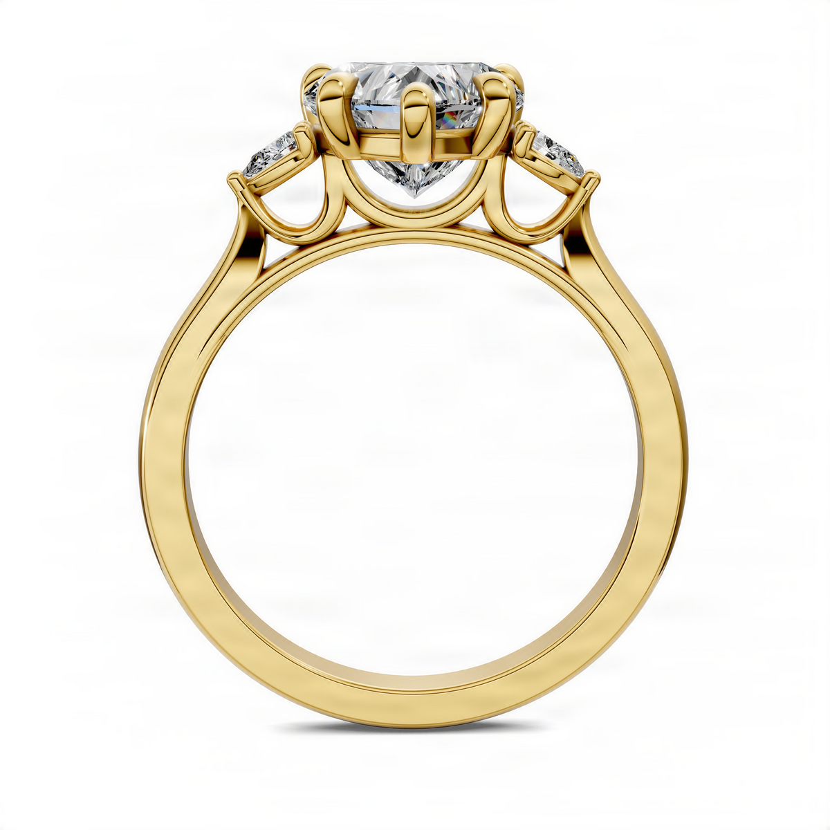 Yellow gold heart three-stone ring underside view with prong-set center diamond