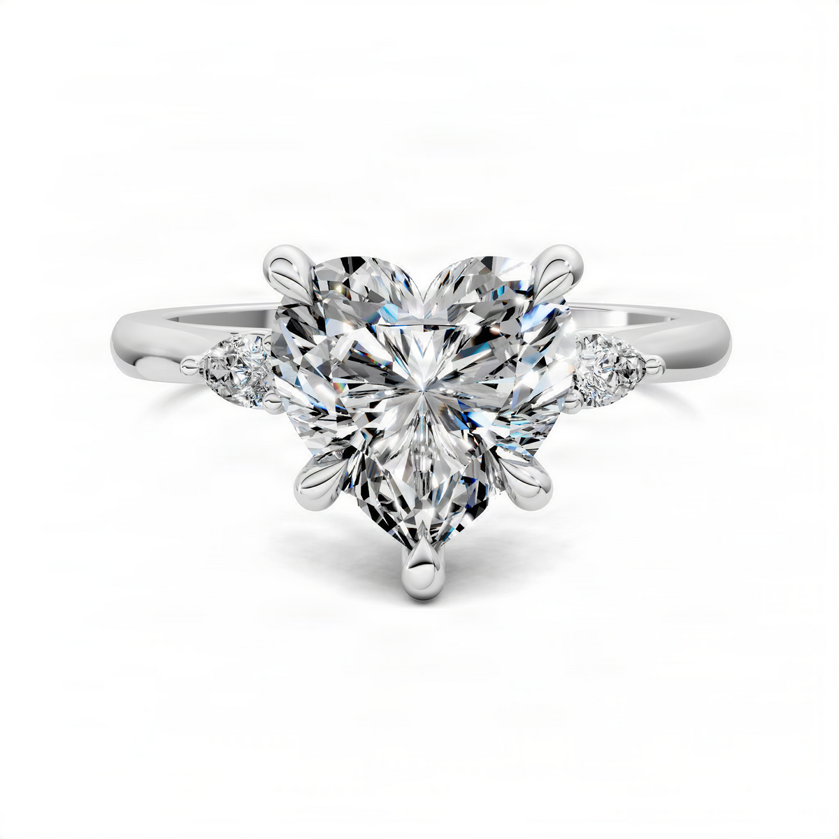White gold heart three-stone ring with pear center diamond and round side stones