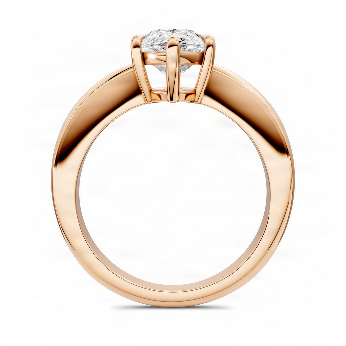 Opes pear tapered solitaire ring in rose gold, top view with prongs around pear center stone