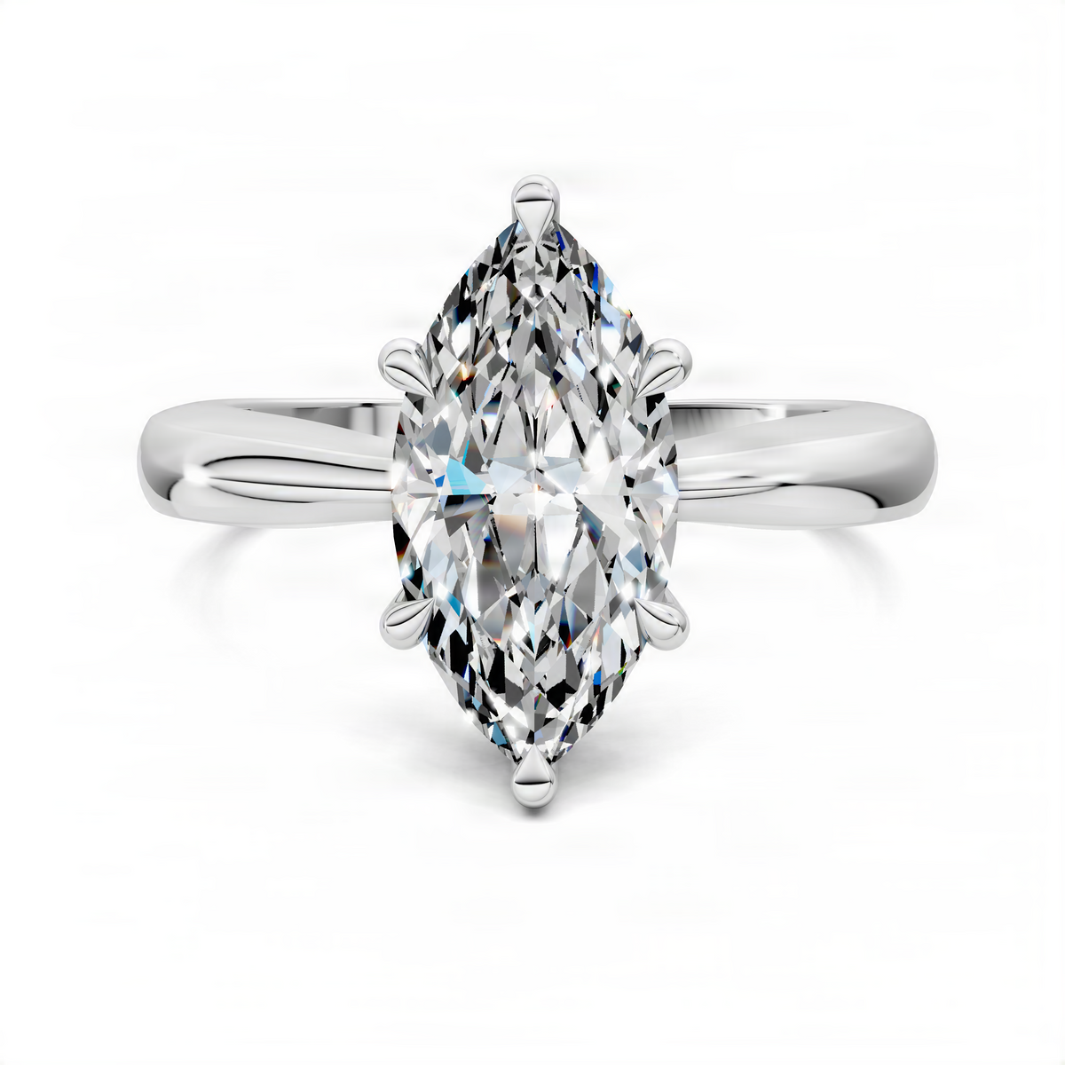 Marquise solitaire ring with central marquise diamond and tapered white gold band