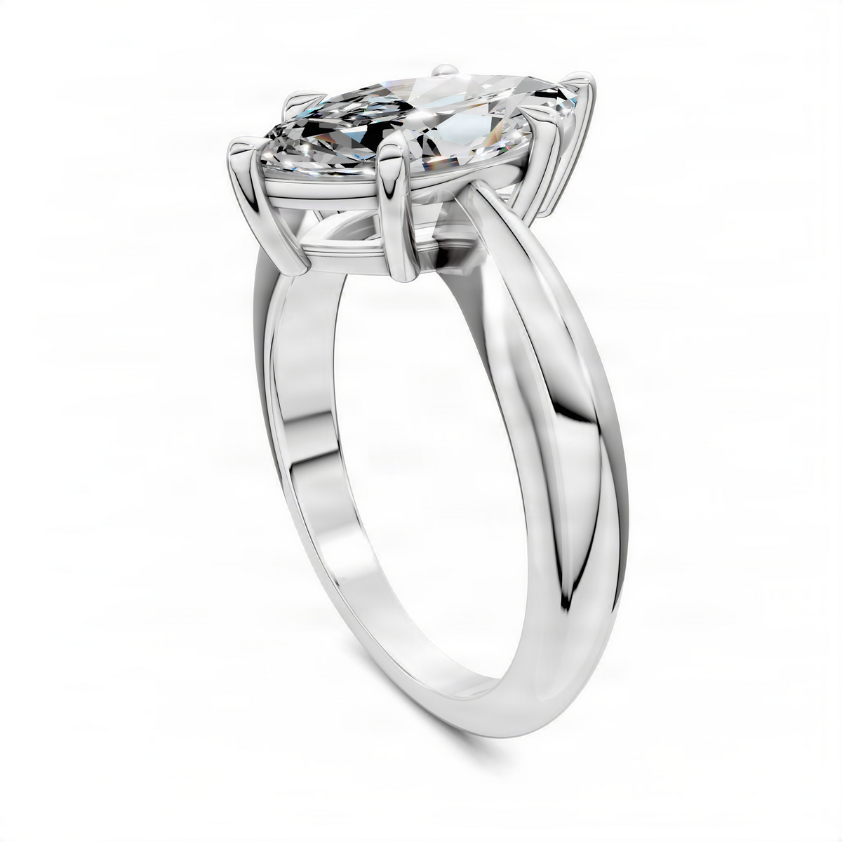 Marquise solitaire ring side view with prong-set marquise center stone in white metal