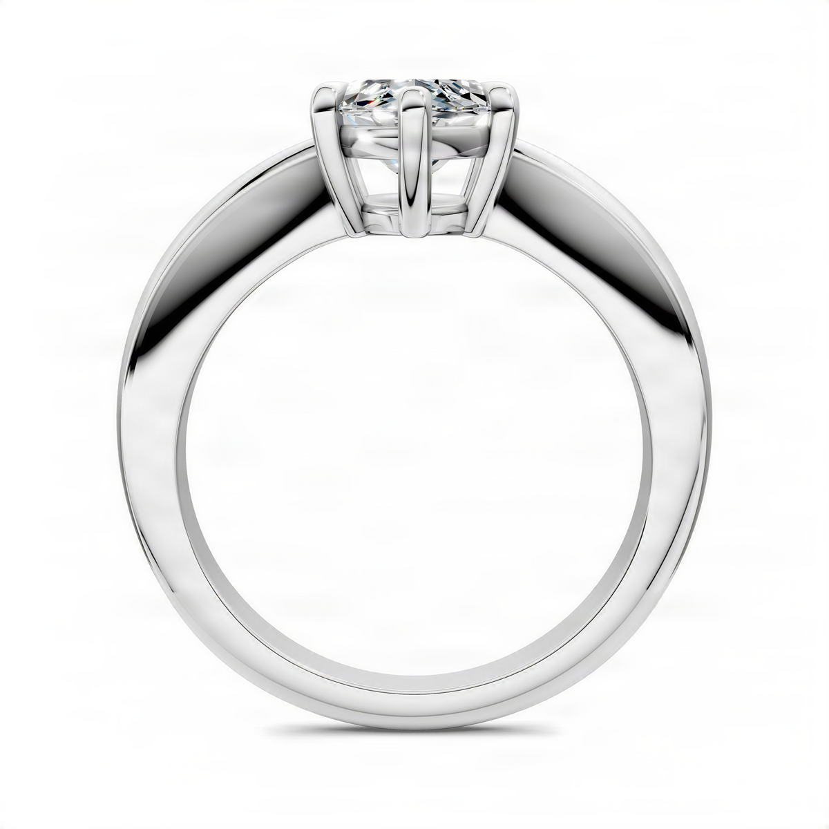 Marquise solitaire ring straight-on view showing prongs and white metal band