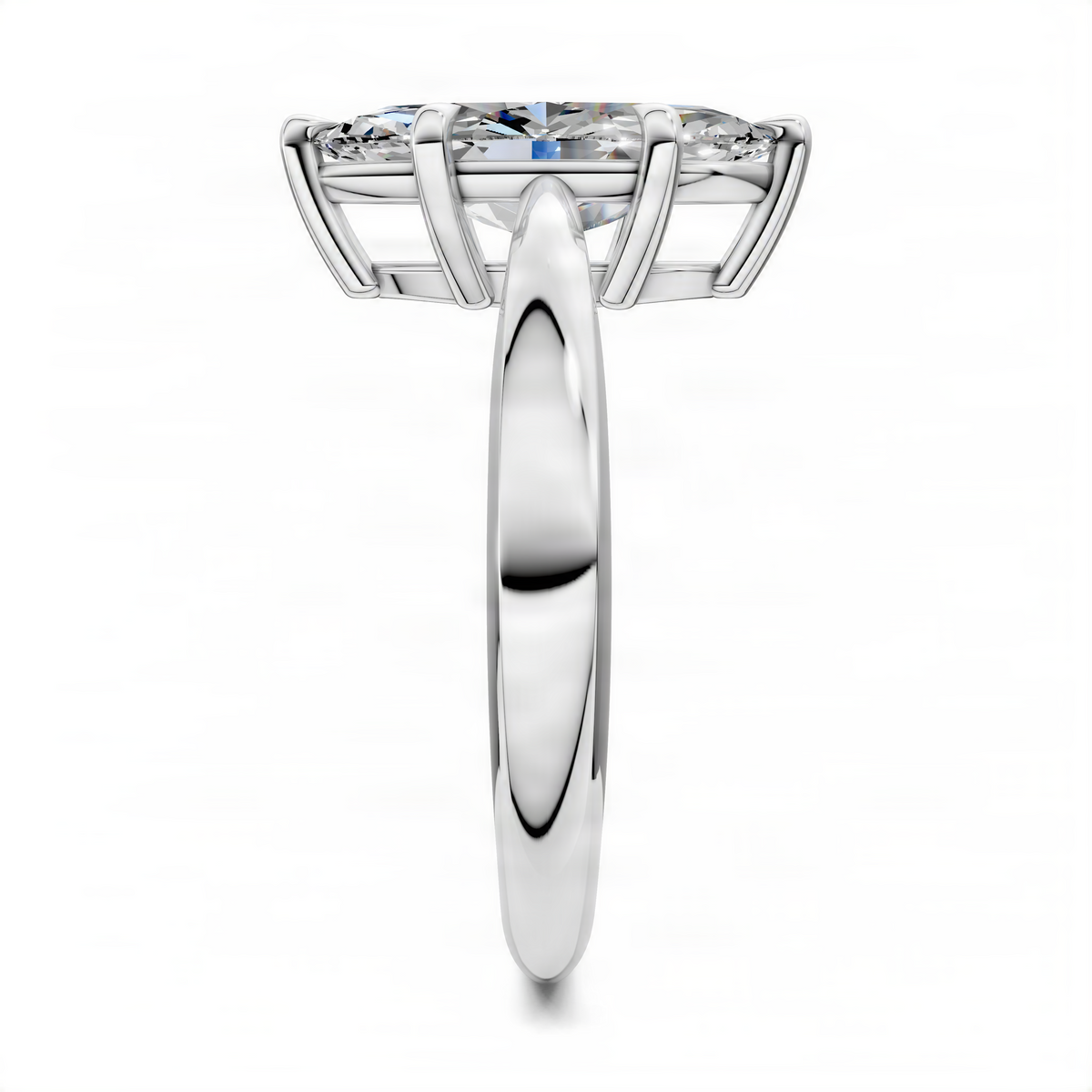 Marquise solitaire ring top view with marquise diamond set in white metal