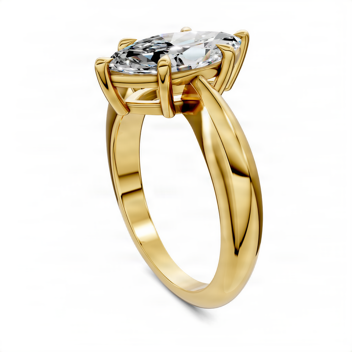 Marquise solitaire ring side view with prong-set marquise diamond in yellow gold