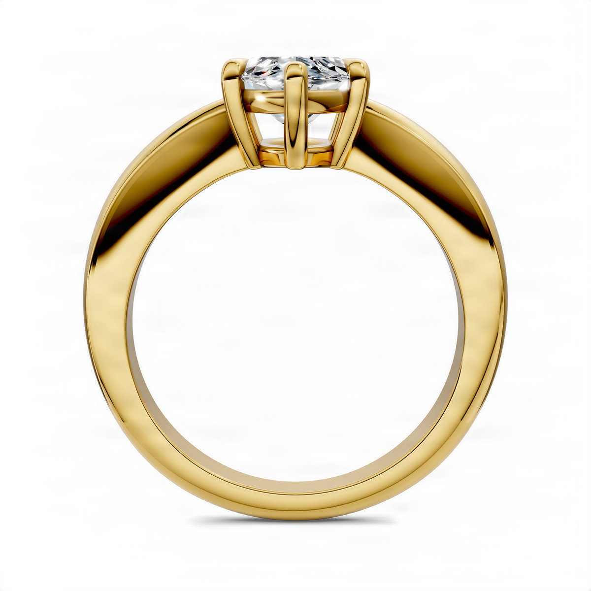 Marquise solitaire ring top view with marquise prongs and yellow gold band