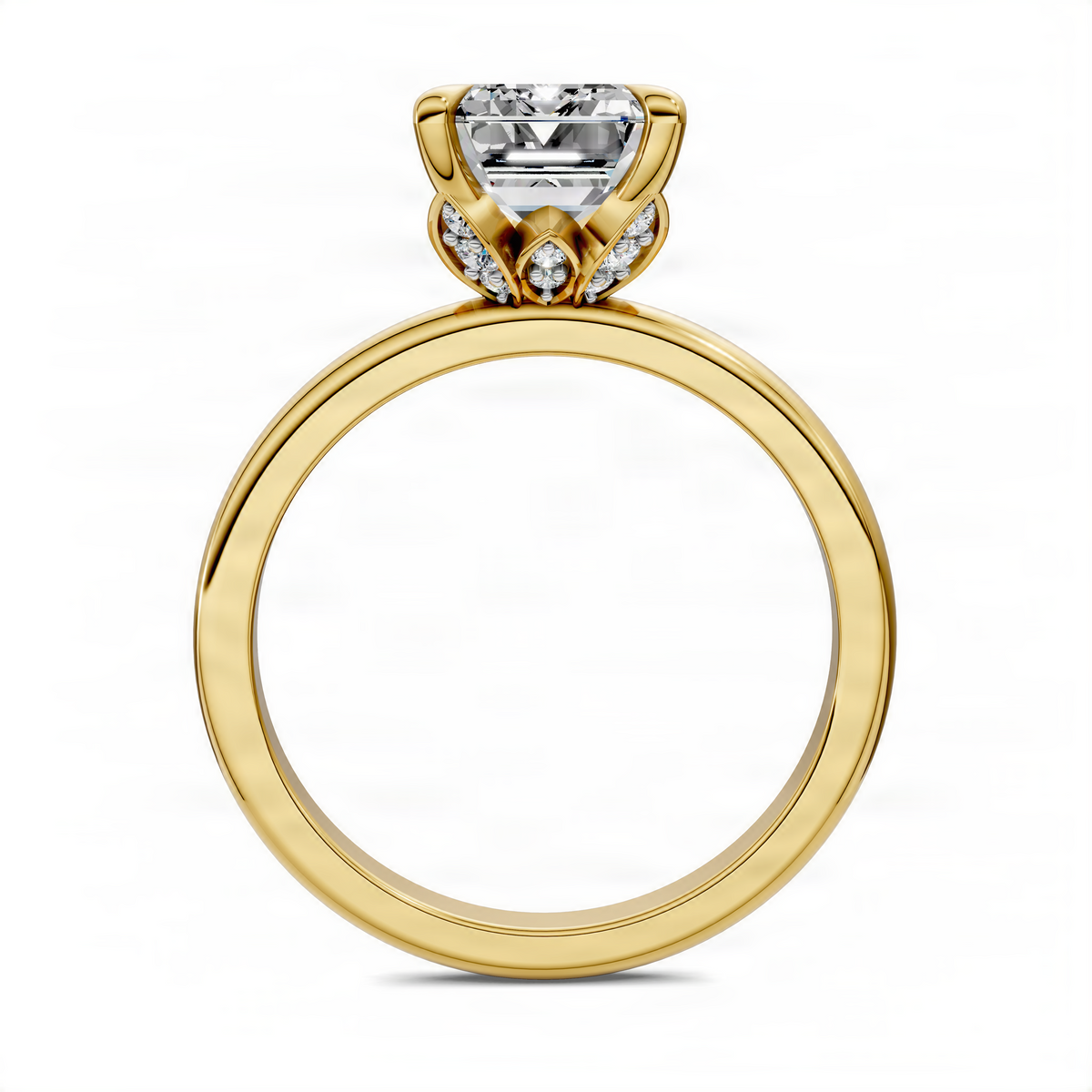 Yellow gold engagement ring with emerald-cut center stone and small sparkle accents