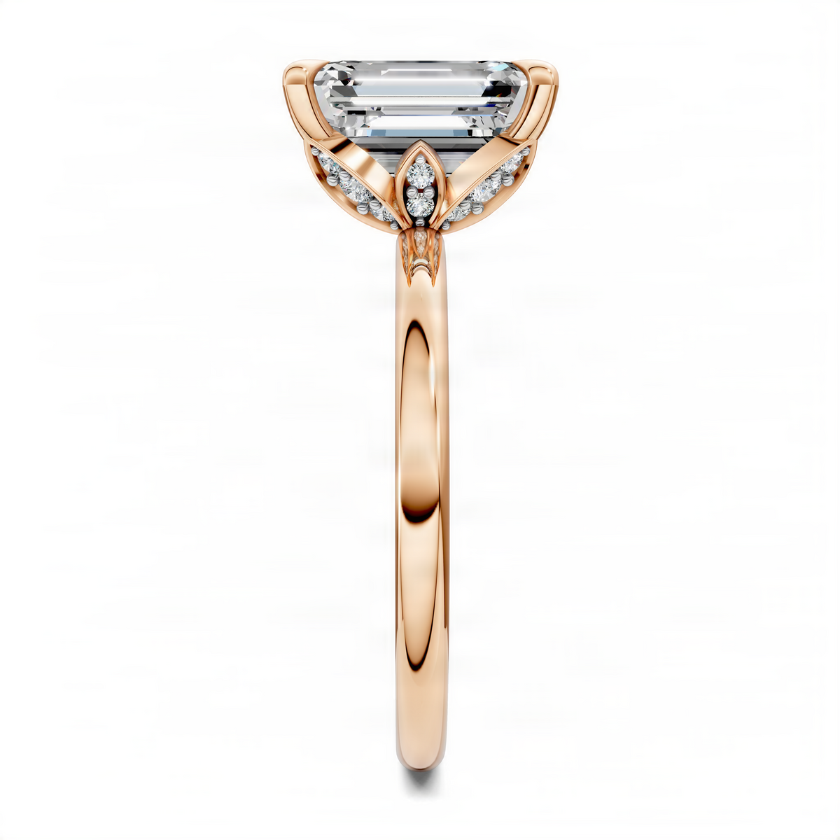 Rose gold engagement ring with emerald-cut center stone and leaf-like side details