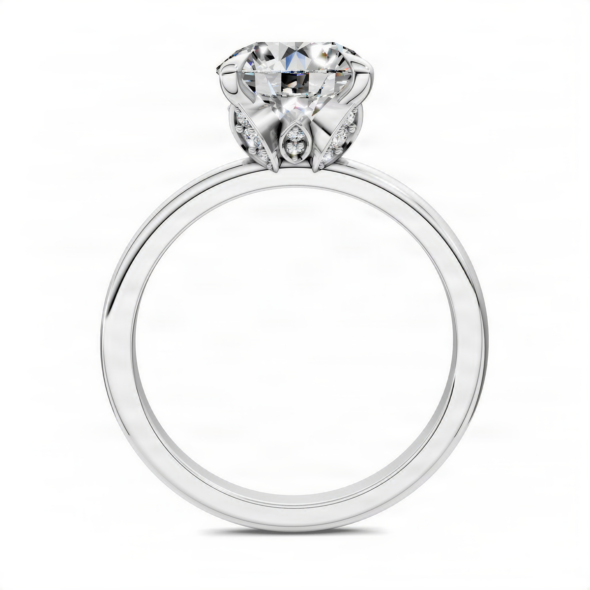 Round leaf accent ring with round center stone in white metal
