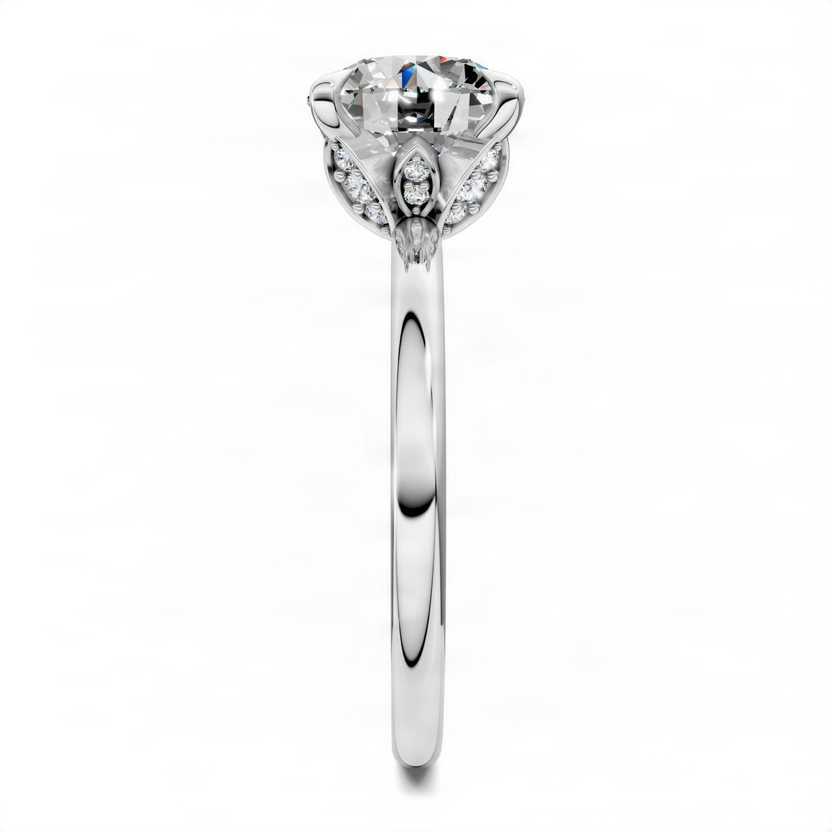 Opes round leaf accent ring with round center stone and pavé shoulders, white metal