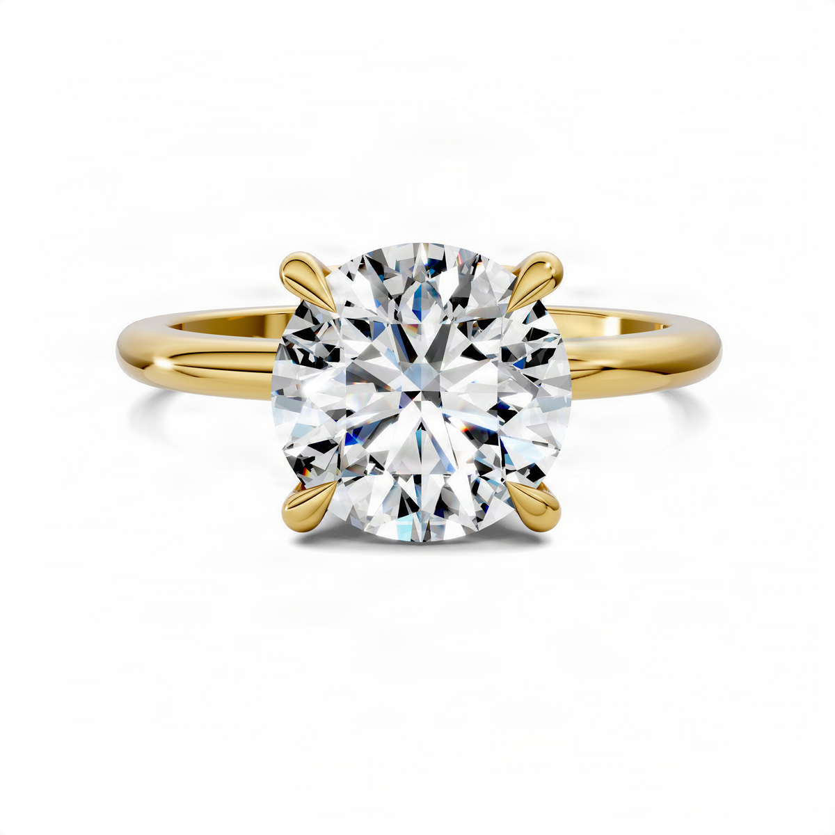 Ring with round clear center stone and leaf prong accents in yellow gold