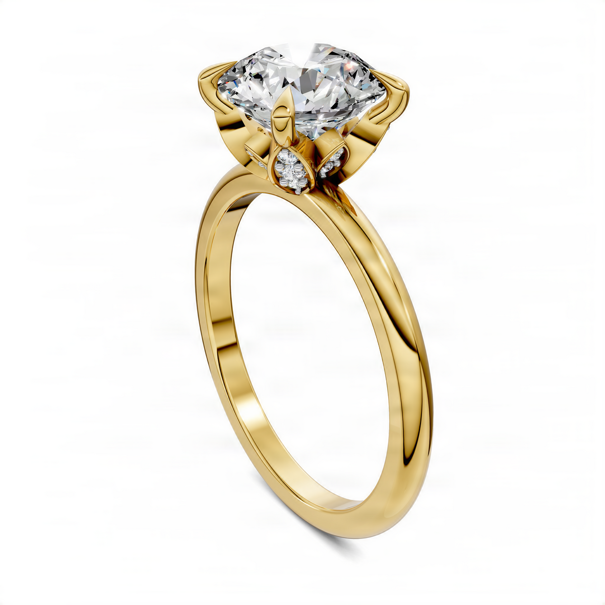 Yellow gold ring with round clear center stone and leaf accent