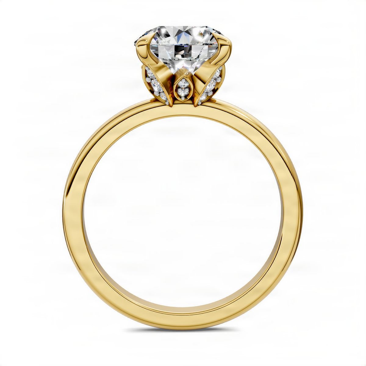Yellow gold round center stone leaf accent ring with small round side stones