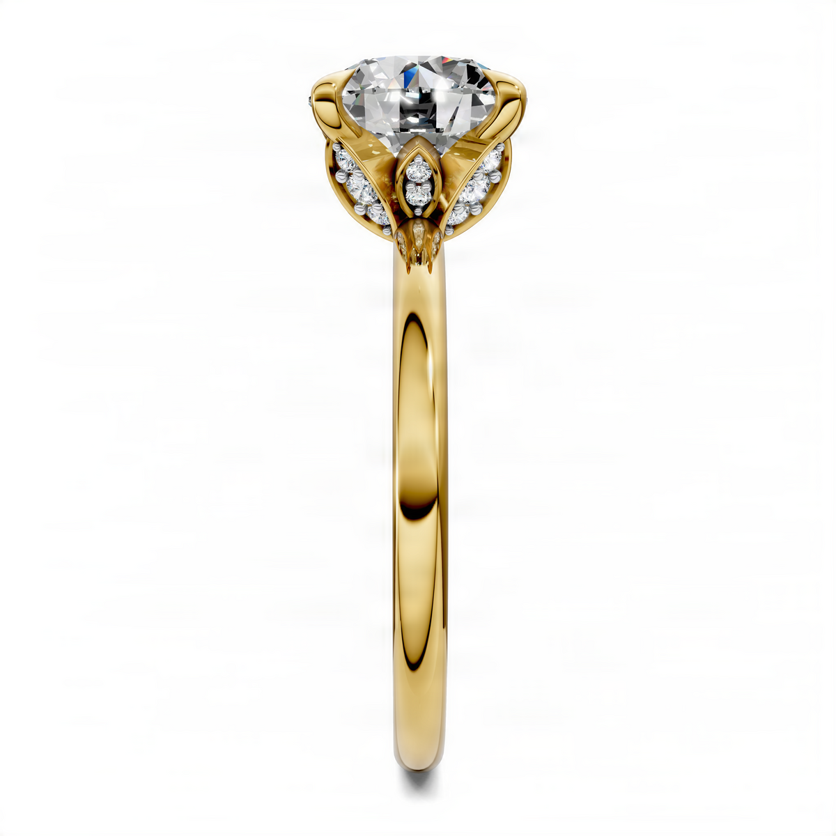 Opes round leaf accent ring in yellow gold with round center stone and pavé leaf shoulders