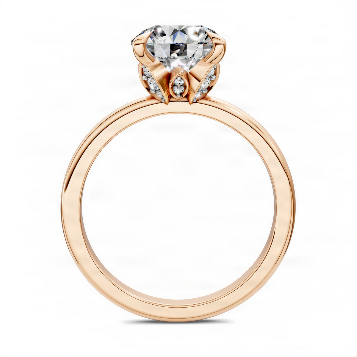 Rose gold round leaf accent ring with round center stone