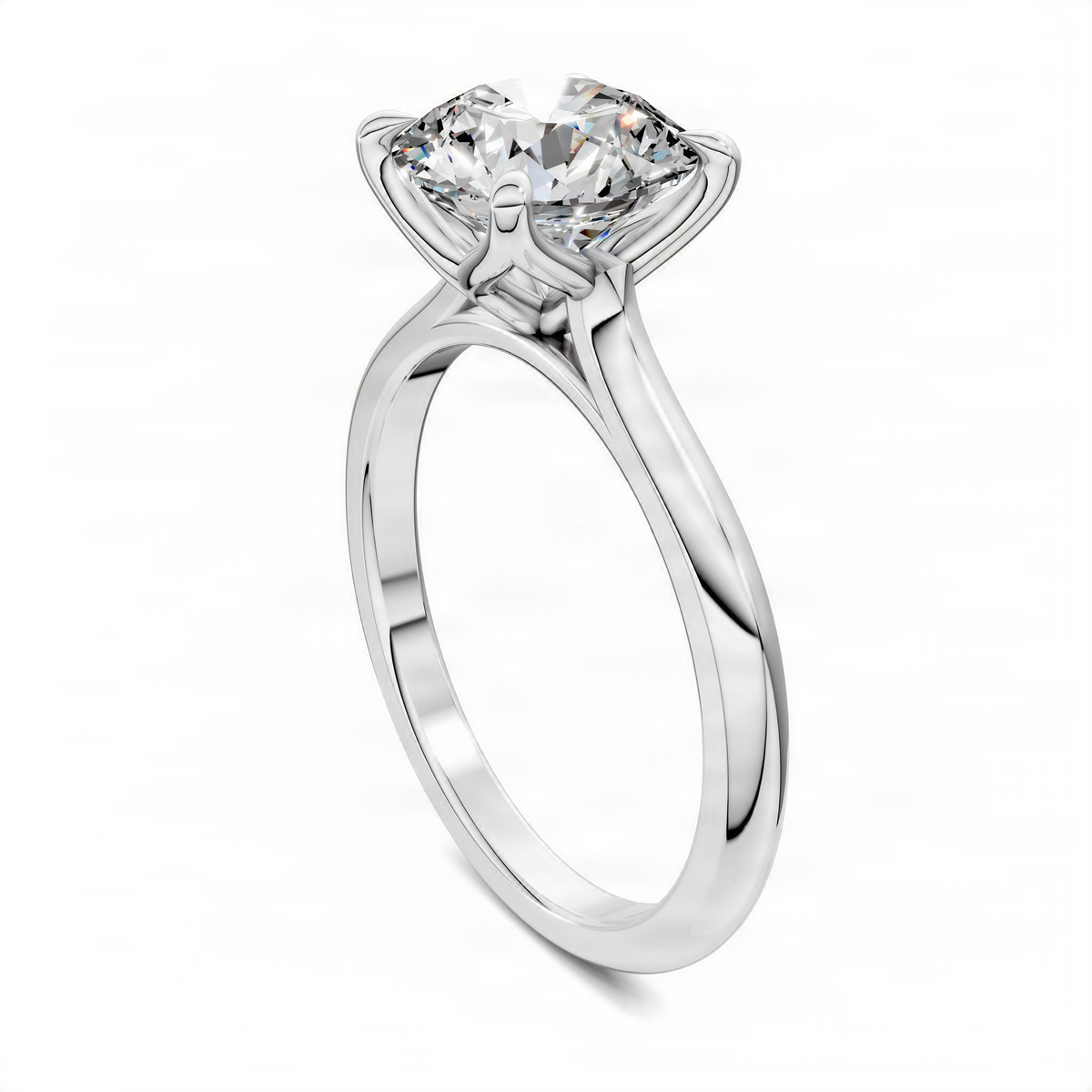 Round cathedral solitaire ring with clear center diamond, platinum-style white setting