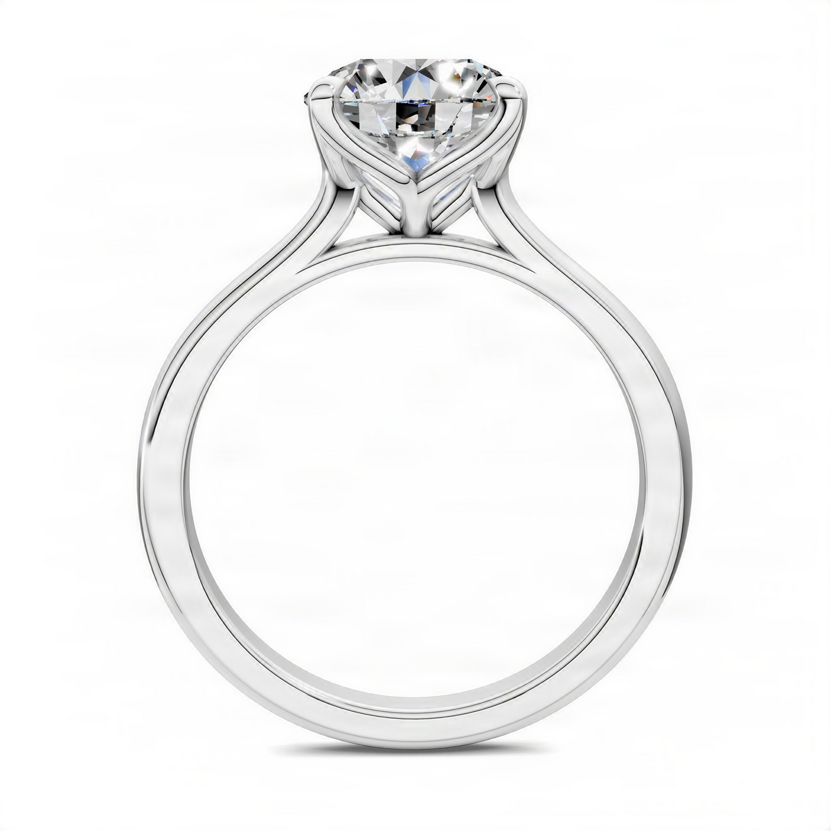 Round cathedral solitaire ring with clear center diamond, white gold setting